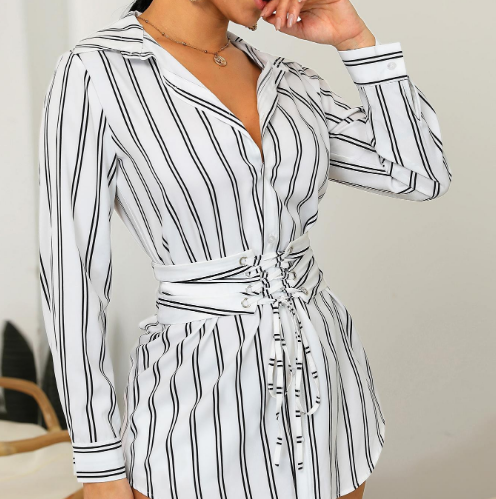 Vestido Camisa Listrado Casual de Manga Longa