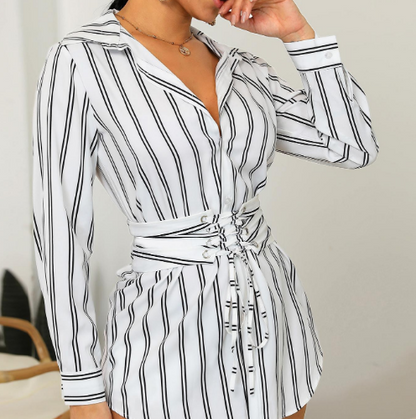 Vestido Camisa Listrado Casual de Manga Longa