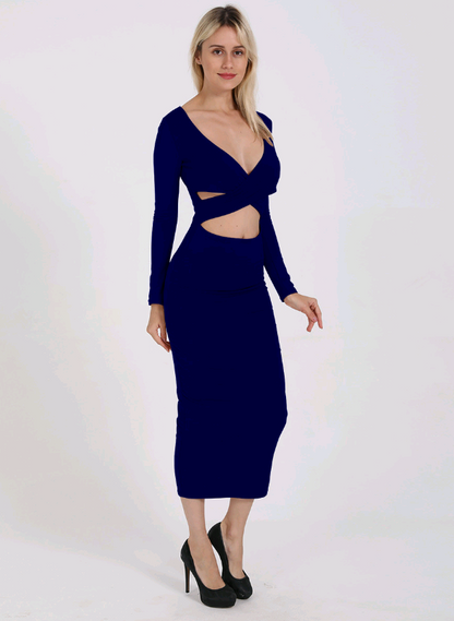 Vestido Justo de Manga Longa com Decote em V e Detalhes Vazados