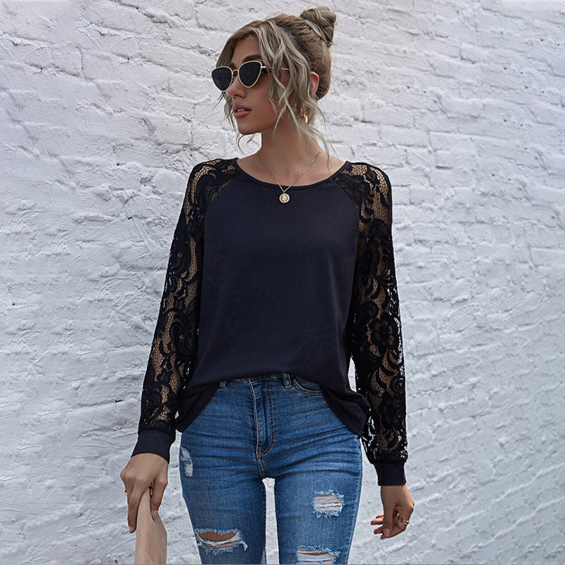 Suéter Feminino de Renda Vazada com Mangas Longas e Gola Redonda